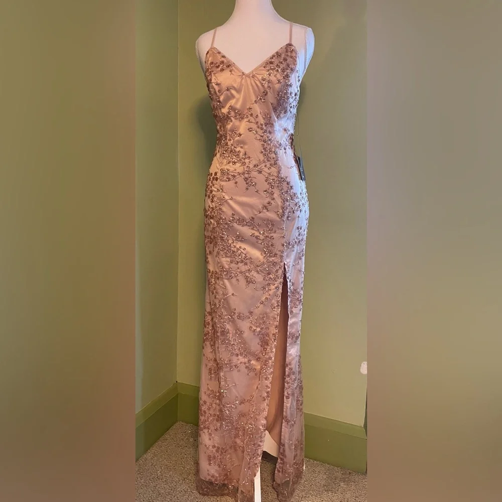 *PROM* Lulu's Blush Pink Embellished Satin Maxi Dress with Front Slit - Picture 1 of 9